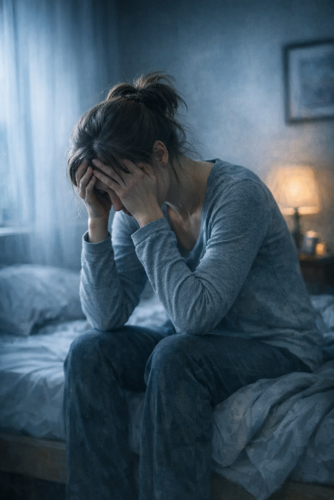 A woman sits on the edge of her bed with her head in her hands, conveying emotional distress and symptoms of depression in a dimly lit room.