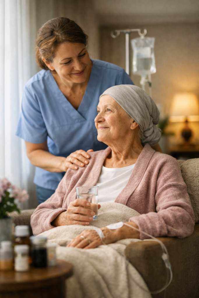 Elderly cancer patient receiving gentle home nursing support, sitting peacefully with a caring nurse nearby.