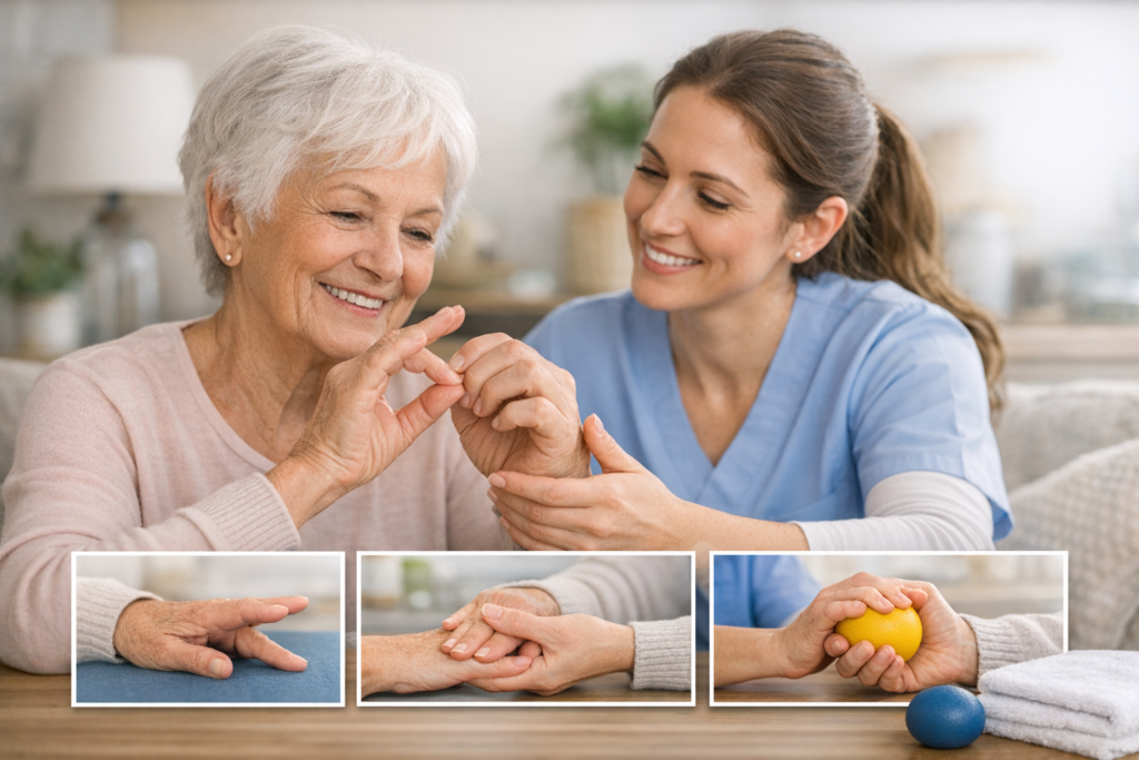 Elderly woman practicing gentle hand exercises with caregiver assistance in a cozy living room.