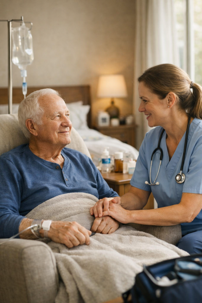 Elderly man receiving gentle home‑based care from a nurse in a bright living room, symbolizing comfort and dignity during advanced prostate cancer treatment.
