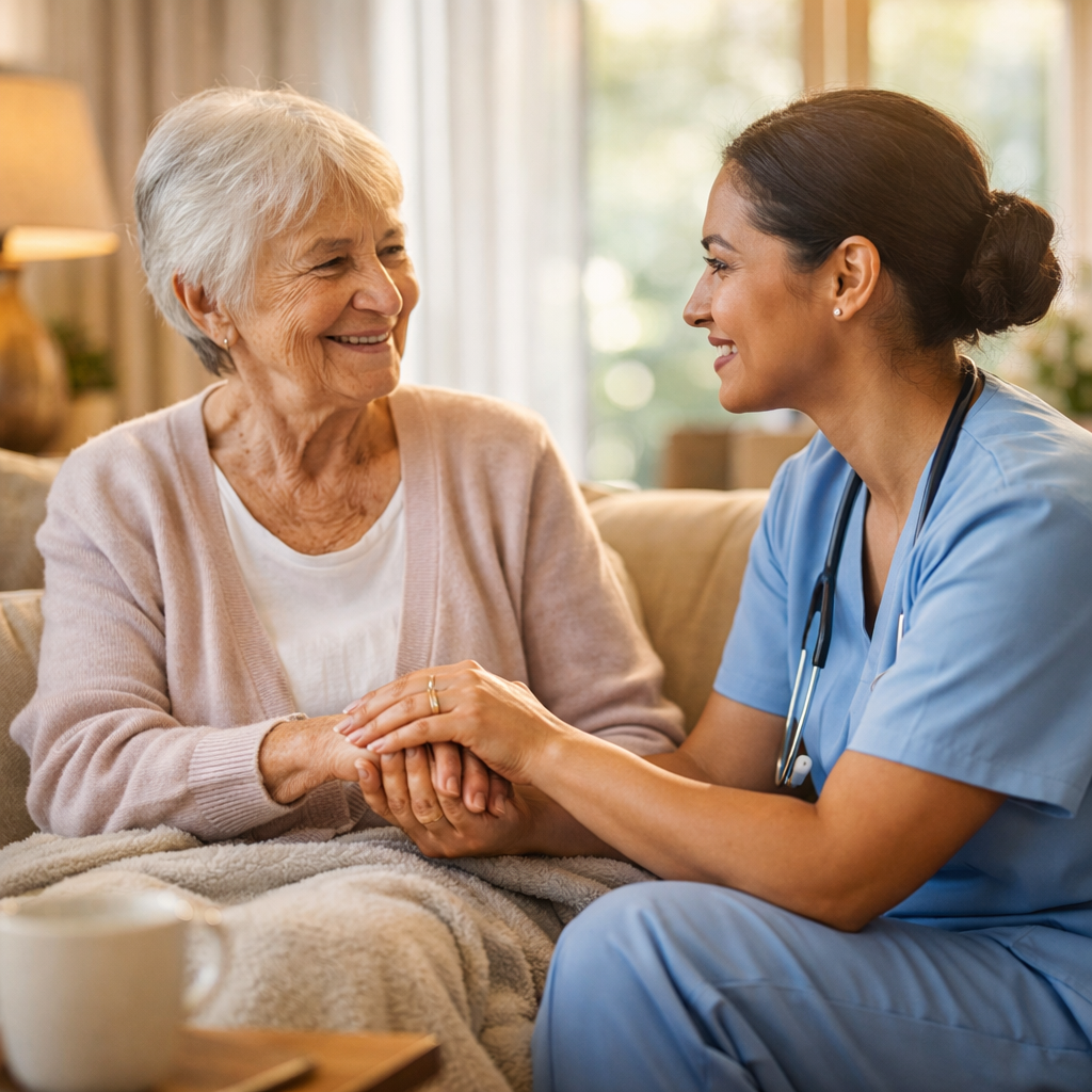 Curantis Home Nursing caregiver holding an elderly woman’s hands, offering comfort and compassionate in‑home care during recovery.