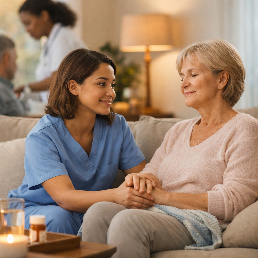 💙 Tips for Doctor’s Appointment Anxiety: How to Feel Calmer and More in Control A compassionate nurse in light blue scrubs holding an older woman’s hands in a warm home setting, symbolising calm and supportive home‑based care.