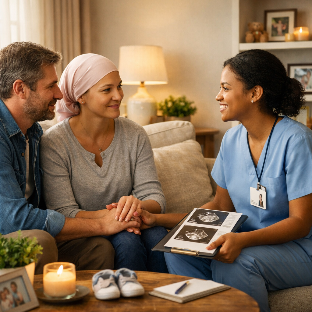 💛 Cancer & Family‑Building Decisions A compassionate home nurse discusses family‑building options with a cancer patient and her partner in a warm living room setting.