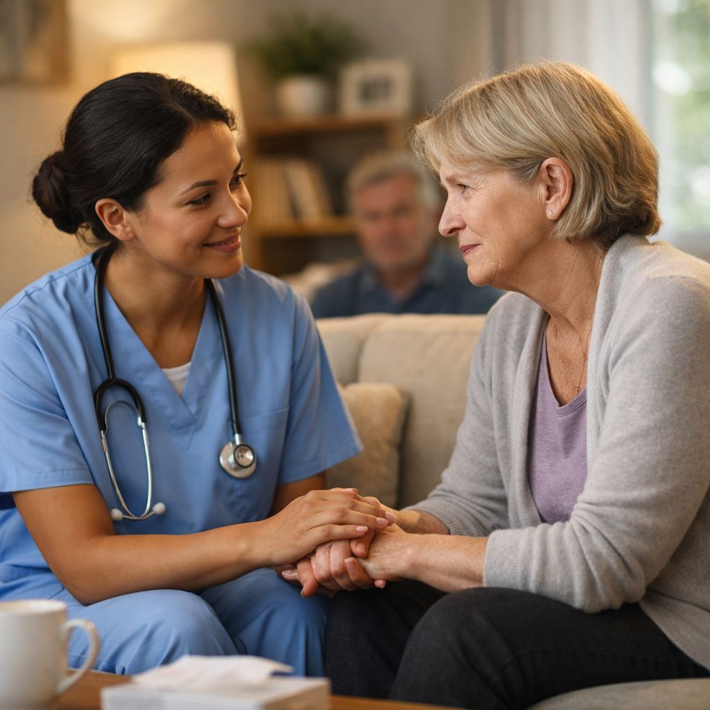 🧠 Overcoming the Stigma of Mental Illness: Why Compassionate Home Nursing Matters A caring nurse offering emotional support to an older woman in a warm home setting, symbolising compassionate home nursing and mental health care.