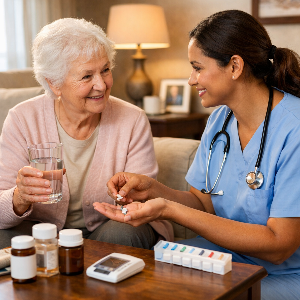 Safe Medicine Use in Older Adults: Curantis Home Nursing South Africa An elderly woman receives medication assistance from a smiling home caregiver in a warm living room setting, representing Curantis Home Nursing’s compassionate home care for older adults in Johannesburg and the Garden Route.