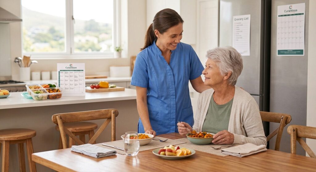 A friendly female caregiver in a blue uniform stands and smiles at an elderly woman with short grey hair, who is seated at a wooden dining table and enjoying a healthy bowl of food.