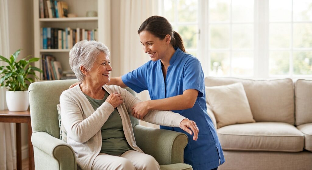A young, smiling female caregiver in a blue uniform stands and assists an elderly woman with grey hair who is sitting in a light green armchair in a well-lit living room, holding her arm gently.