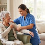 A young, smiling female caregiver in a blue uniform stands and assists an elderly woman with grey hair who is sitting in a light green armchair in a well-lit living room, holding her arm gently.